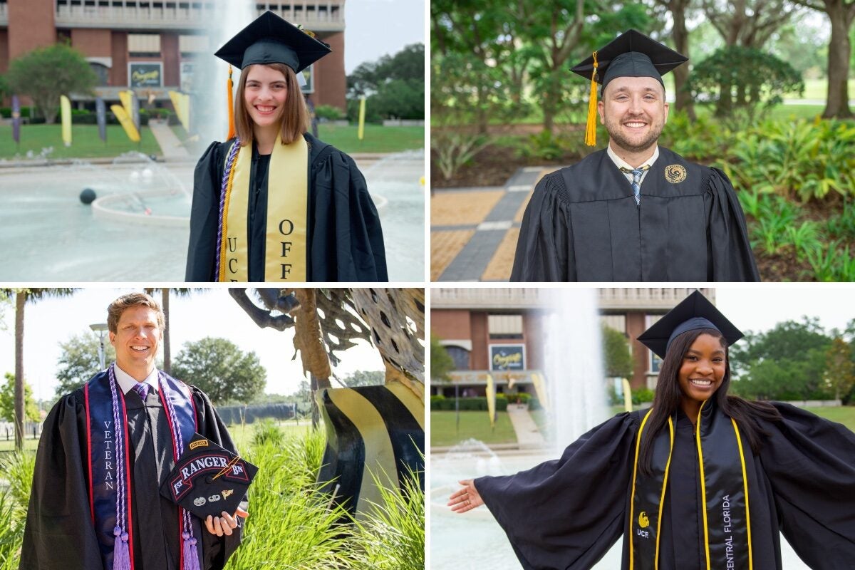 A collage of four UCF nursing graduates in caps and gowns.