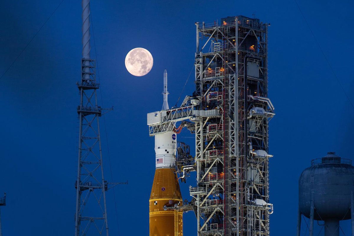 A full Moon is in view from Launch Complex 39B at NASA’s Kennedy Space Center in Florida on June 14, 2022.