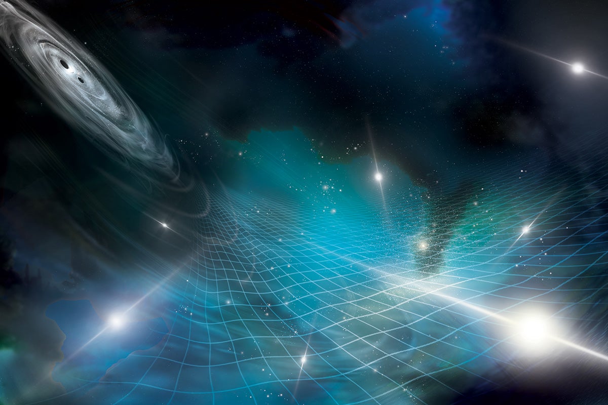 Artist’s interpretation of an array of pulsars being affected by gravitational ripples produced by a supermassive black hole binary in a distant galaxy.