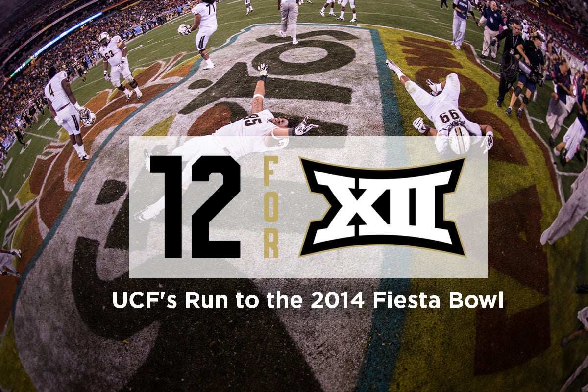 Big 12 logo and the words "UCF's Run to the 2014 Fiesta Bowl" over a photo of football players laying on a football field
