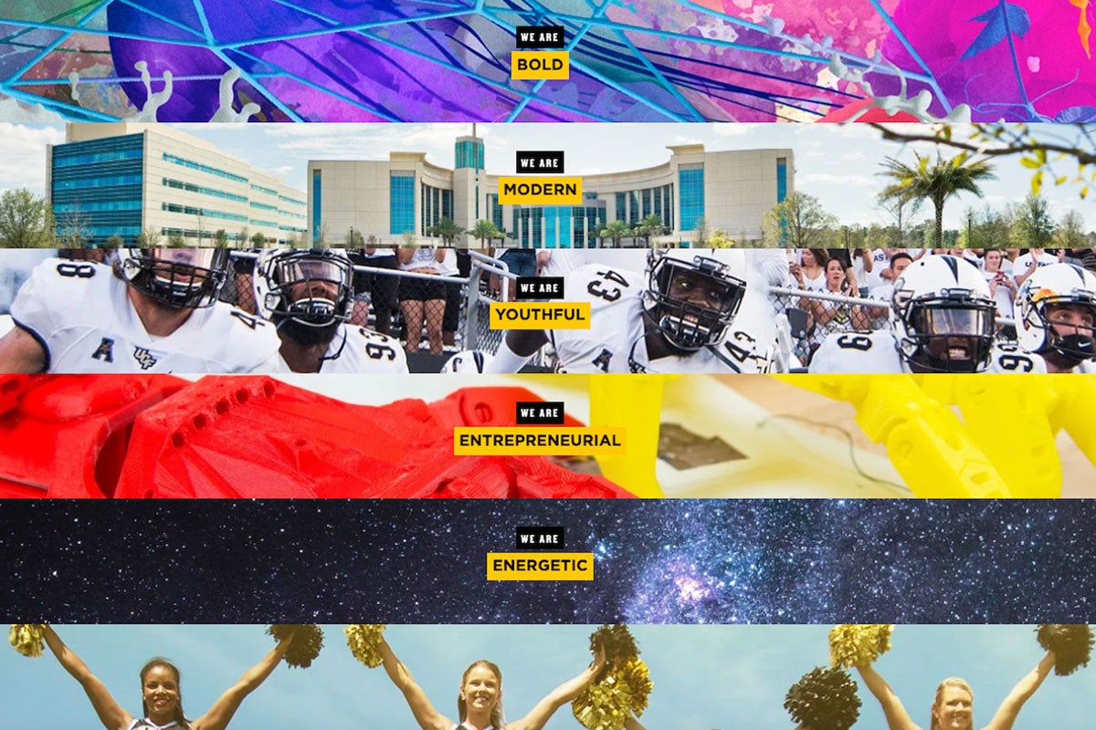 A graphic highlighting UCF's brand pillars and including the words "We are bold. We are modern. We are youthful. We are entrepreneurial. We are energetic."