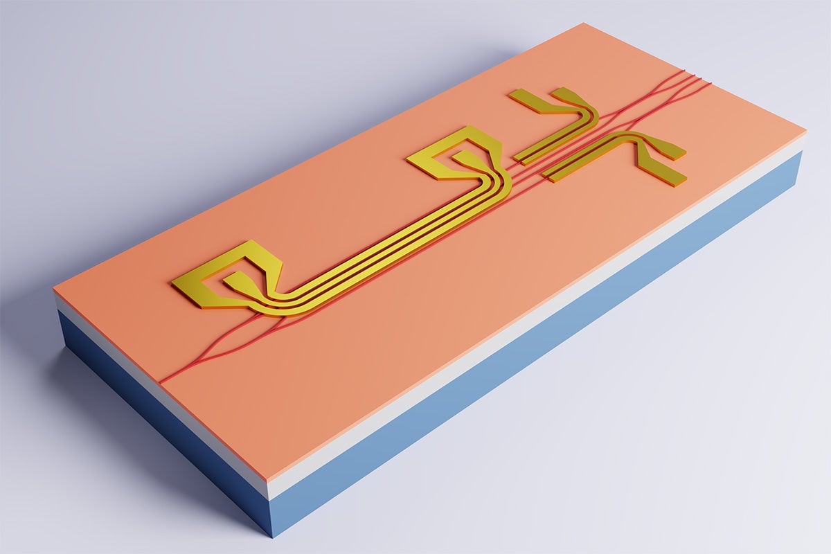 Um esquema 3D do novo dispositivo, conhecido como modulador eletroóptico de quatro fases, é mostrado.