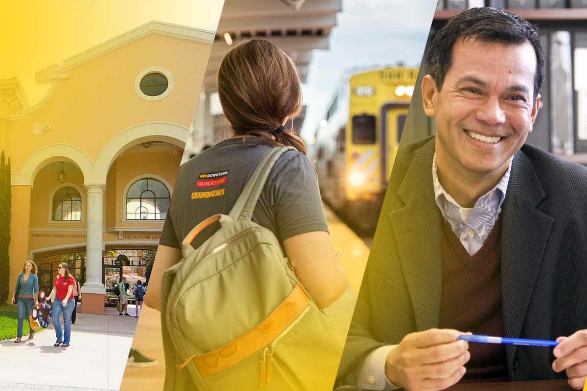 A collage of the Rosen College entrance, a woman waiting for a train and a man sitting at a desk smiling