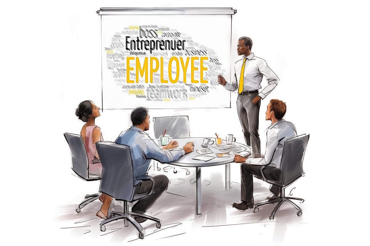 image of people around a table and looking at a flipboard that says boss, entrepreneur, employee