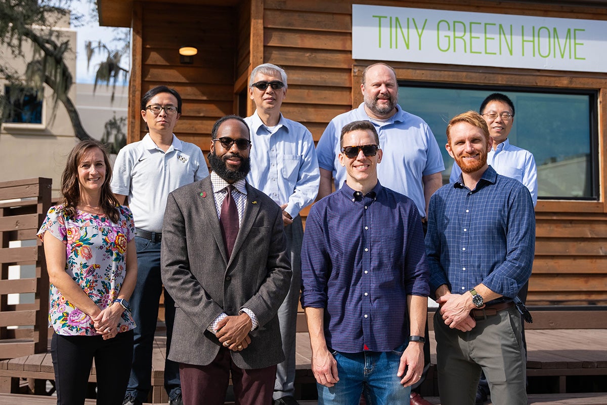 Members of the UCF REACH Hub project team include (front row, from left) principal investigator Kelly Stevens, co-principal investigator L. Trenton S. Marsh, senior personnel Kristopher Davis, senior personnel Ian Lahiff, (back row, from left) co-principal investigators Yue Ge and Zhihua Qu, senior personnel Michael Hess with the City of Orlando, and co-principal investigator Liqiang Wang. Photo Credit: Blake Osting, CCIE Communications