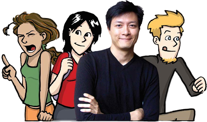 Jorge Cham pictured with his illustrations of students in PHD Comics