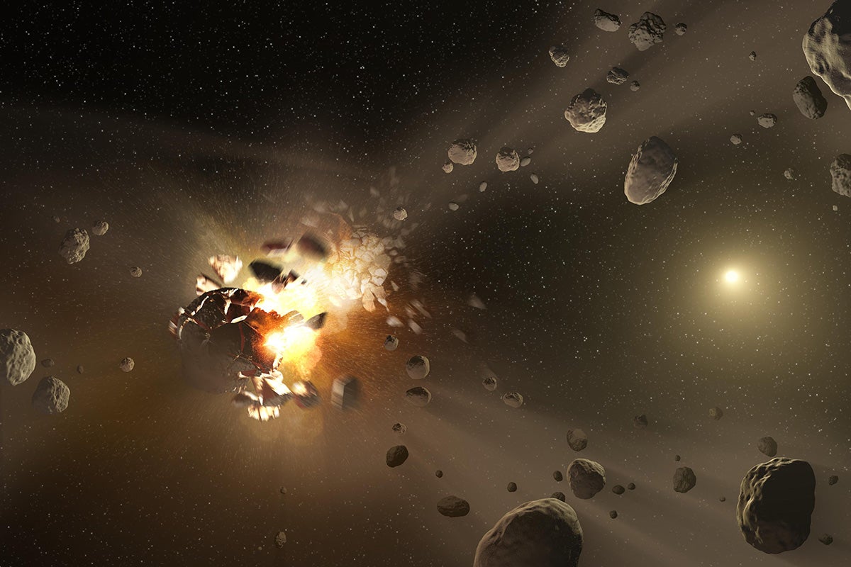This artist's conception shows how families of asteroids, such as Erigone, are created. Credit: NASA/JPL-Caltech
