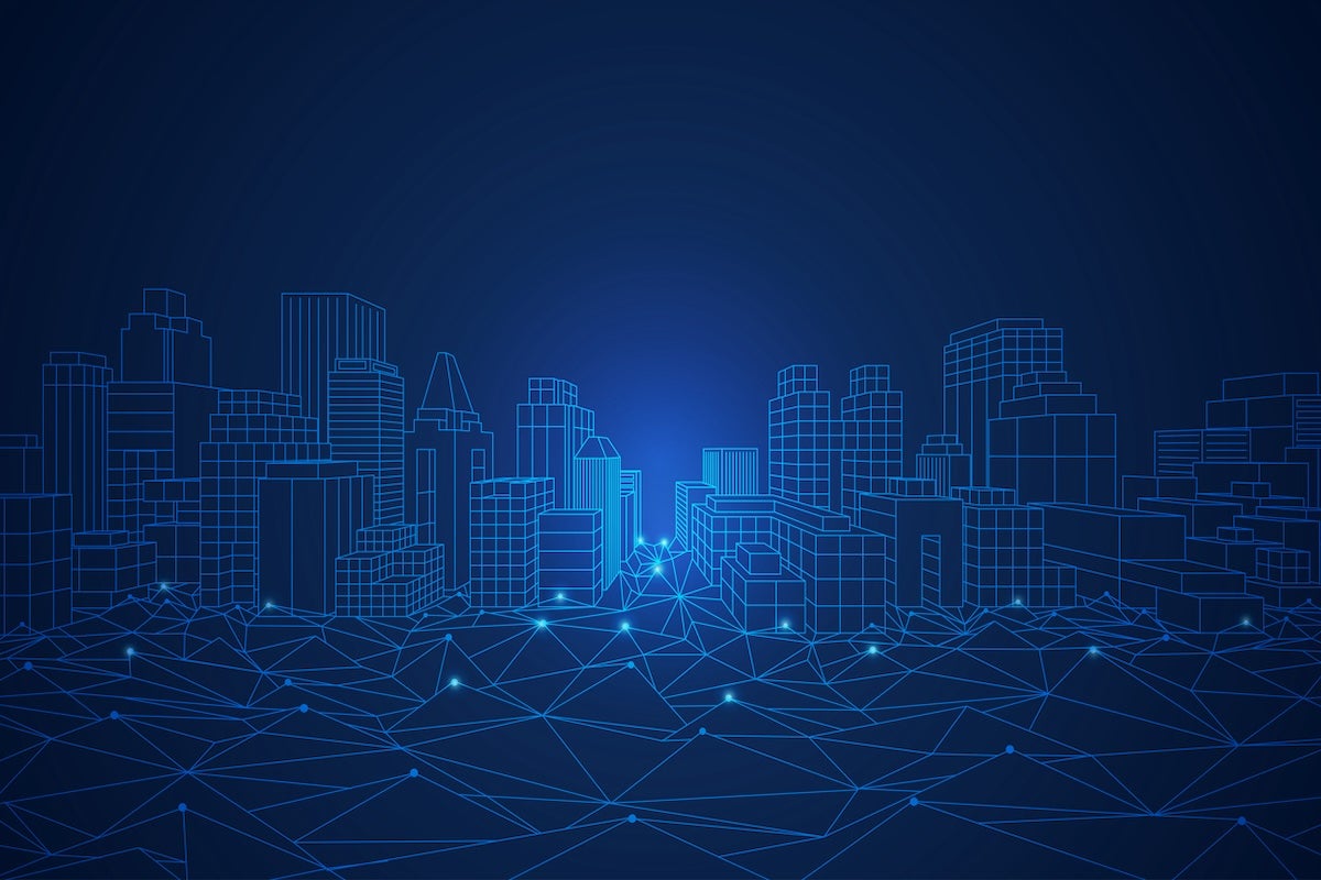 concept of smart or digital city, wireframe cityscape in futuristic style