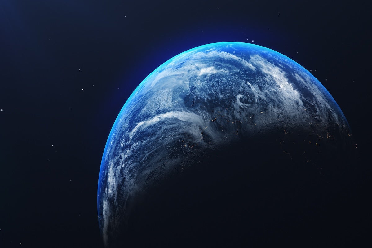 Earth in space view with shining sunrise in universe and galaxy background. Nature and World environment concept. Science and globe. Fantasy sky atmosphere. 3D illustration render