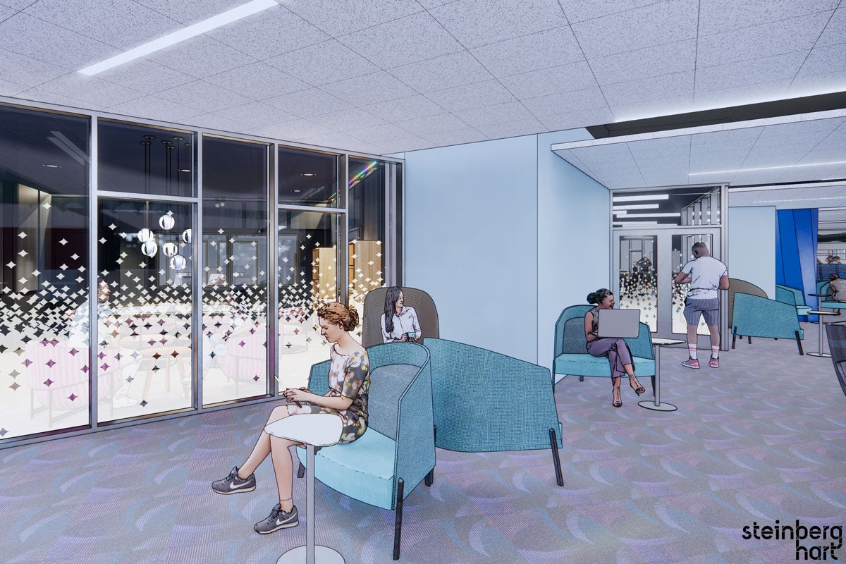 A rendering of people sitting on comfortable chairs.