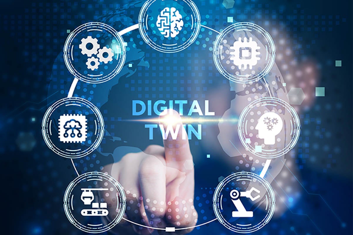 an image of a hand making a selection on a digital screen that says digital twin