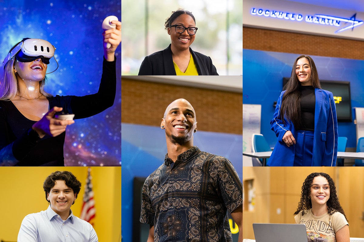 A collage of students posing for photos, working on laptops and using a VR headset