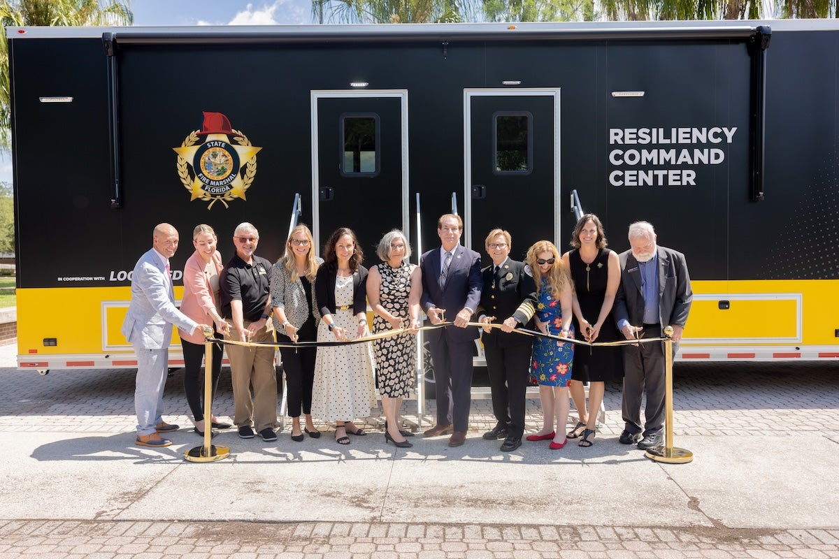 Representatives from UCF, the Florida Legislature, the Florida Division of State Fire Marshal and Lockheed Martin at the UCF RESTORES Resiliency Command Center unveiling.