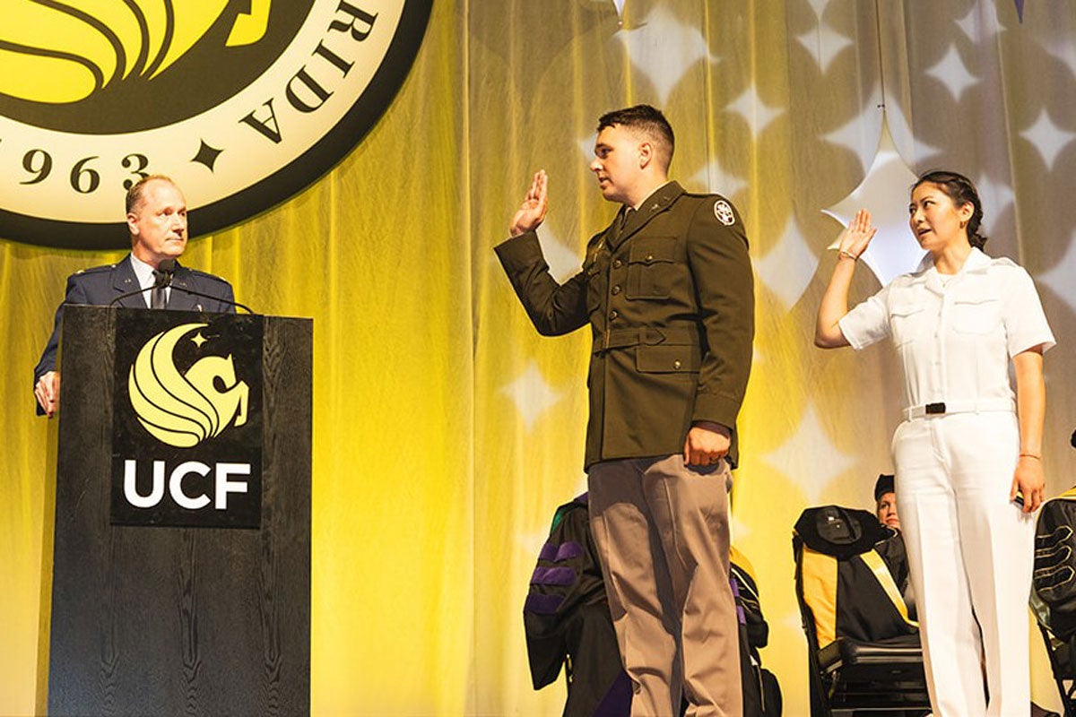 Two students were sworn in Friday as military physicians.