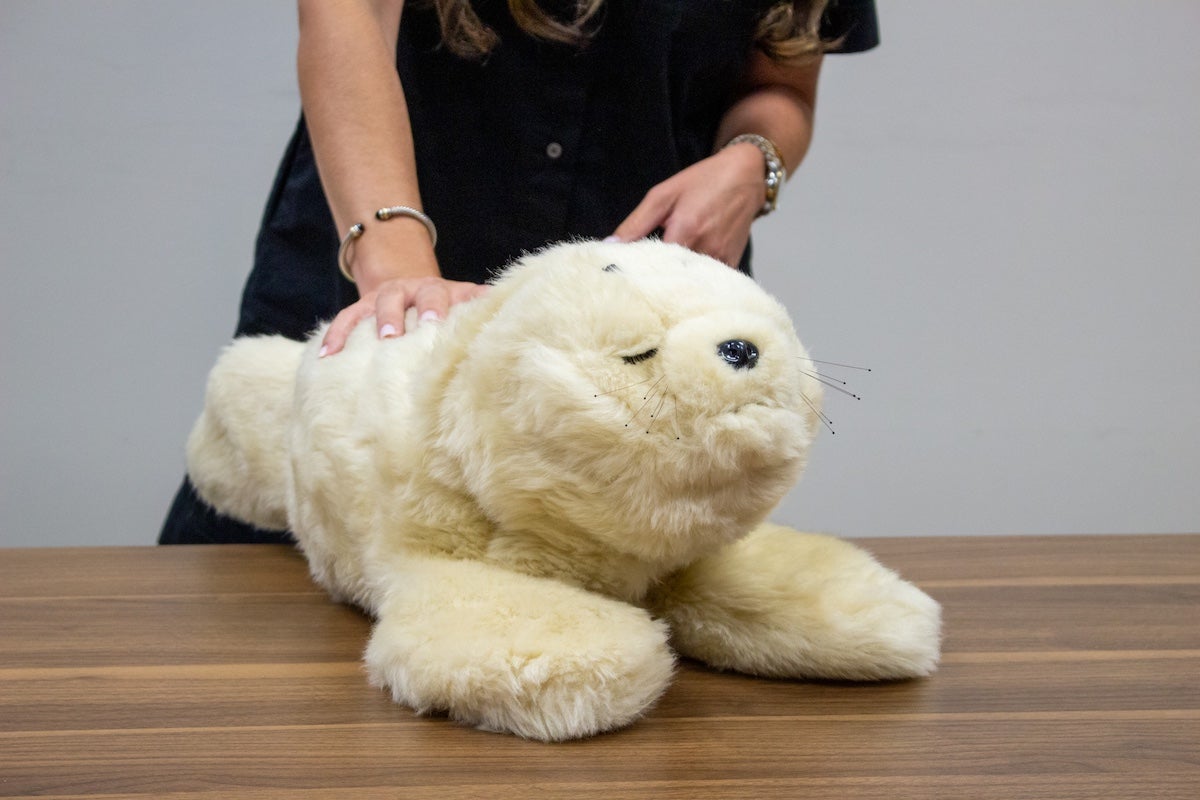 A woman pets a fluffy, robotic seal resting on a wooden table.