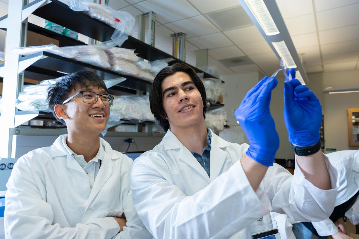two people wearing white coats and examining something in a lab