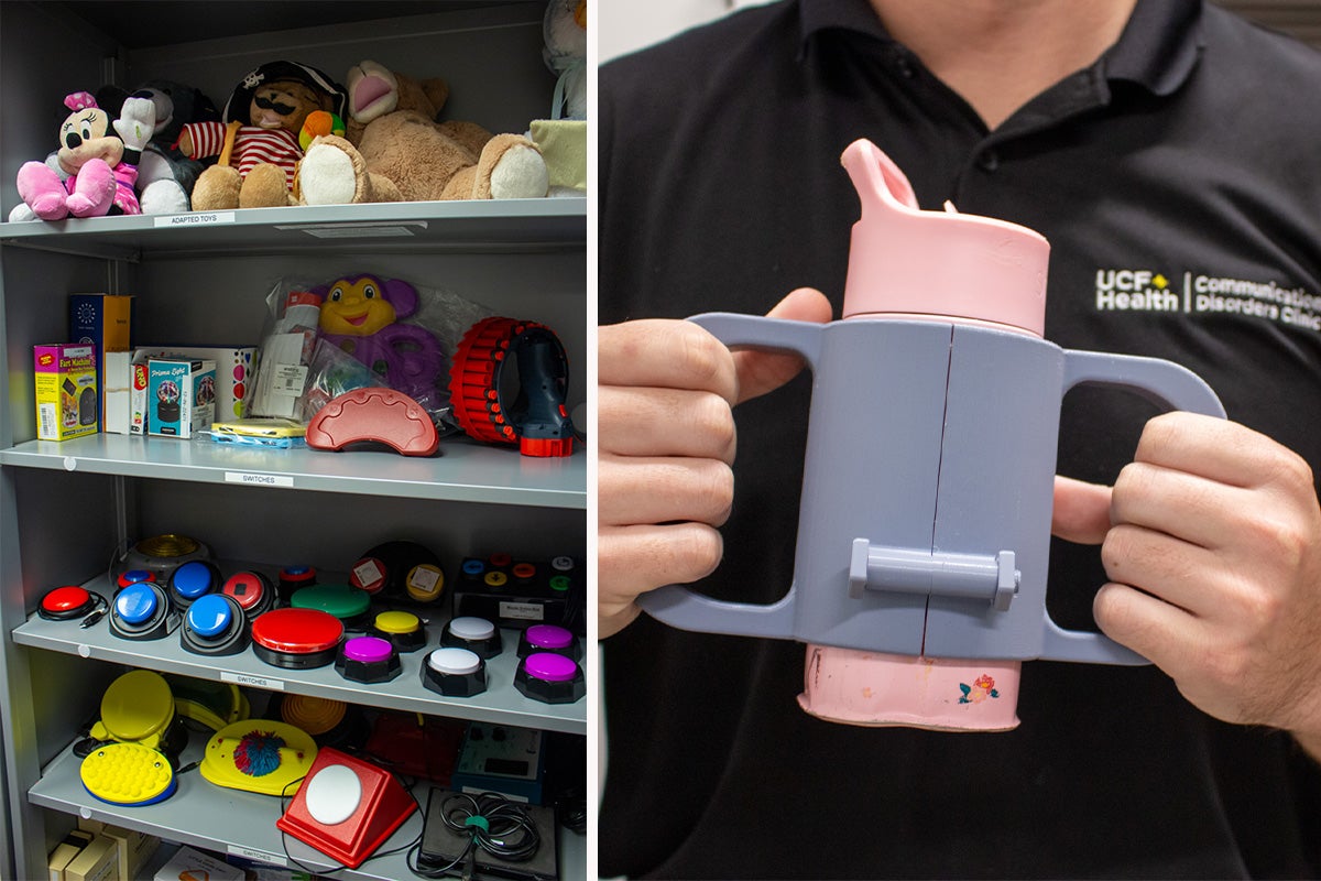 split photo - on left, shelves stocked with colorful devices as a lending library. on right, a man holds a child's pink water cup using a gray assistive handles attached to it.
