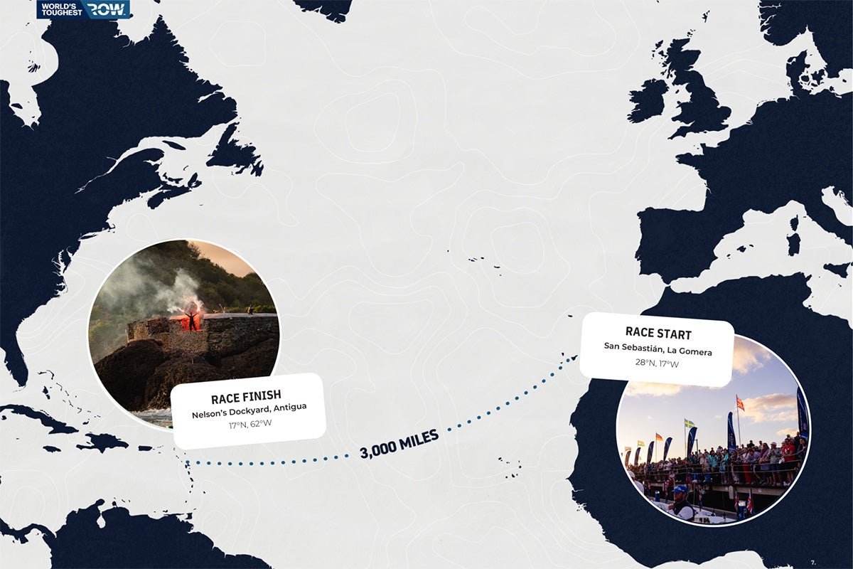map rendering of World's Toughest Row route across the Atlantic Ocean