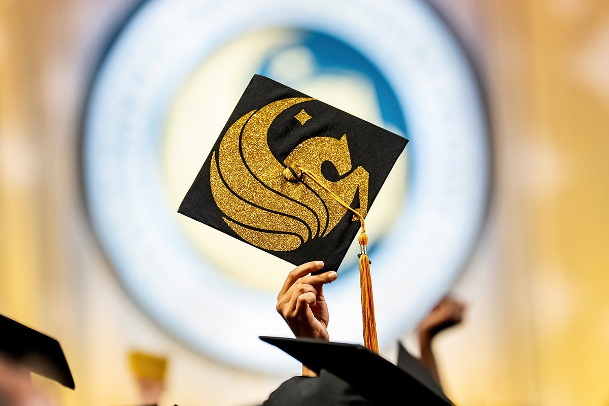Black grad cap decorated with gold Pegasus seal is lifted in air