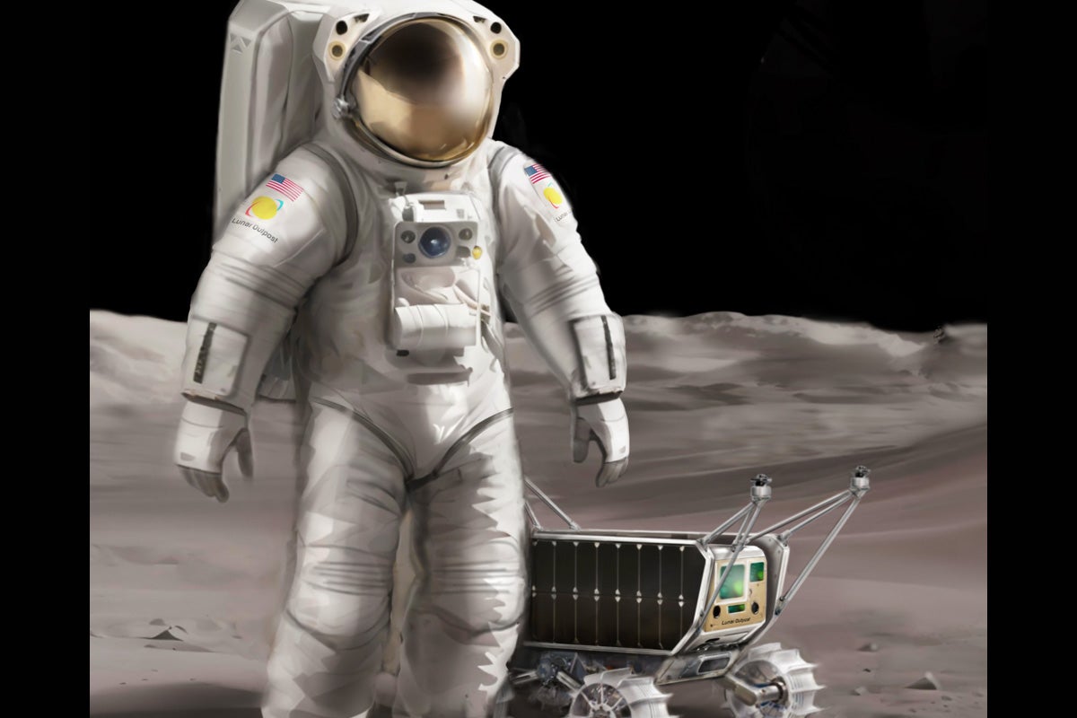 graphic rendering of astronaut in space suit standing on the moon next to a robotic rover
