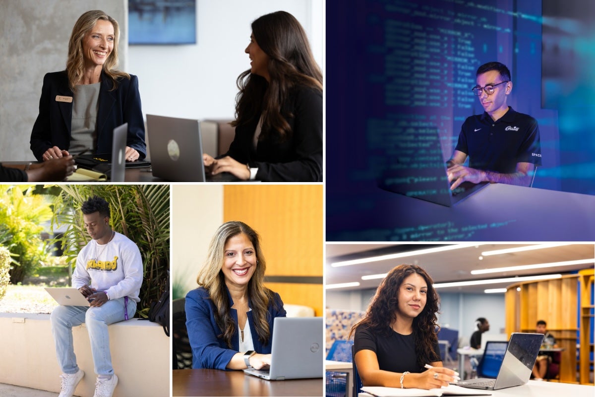 A collage of people working on laptops in various settings inside and outside