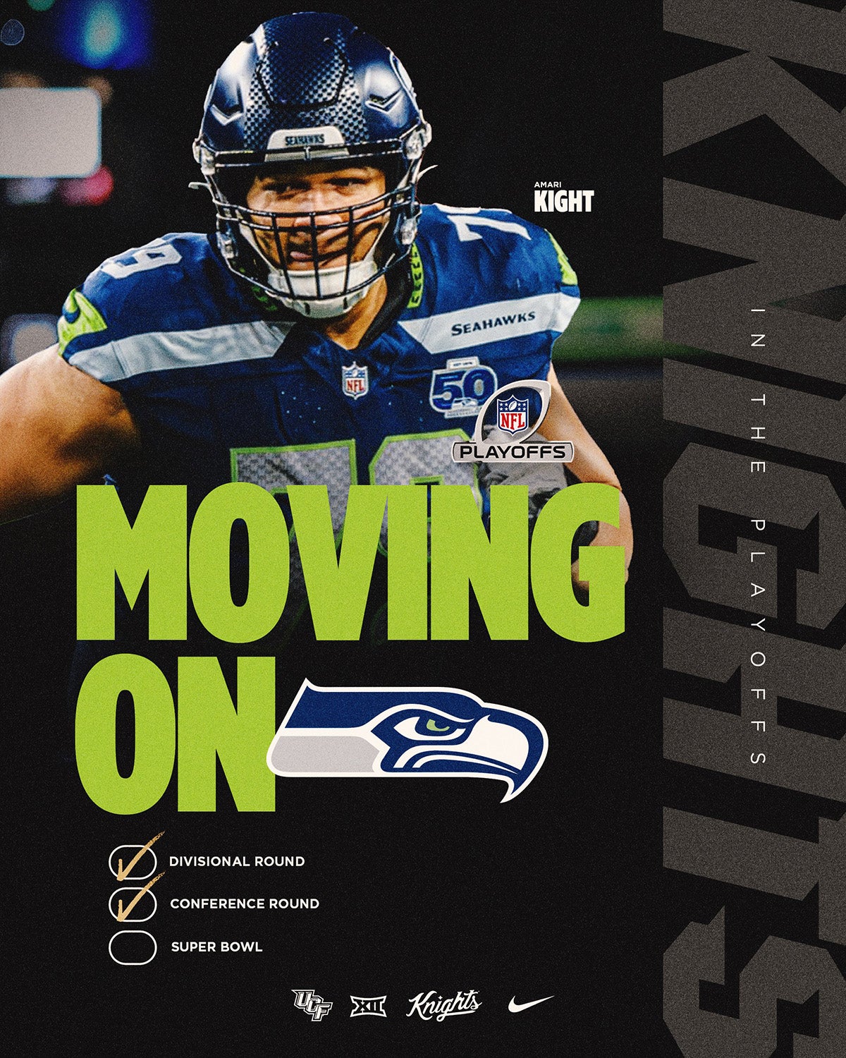 Graphic of Amari Kight in Seattle Seahawks uniform with the phrase "Moving On" overlayed