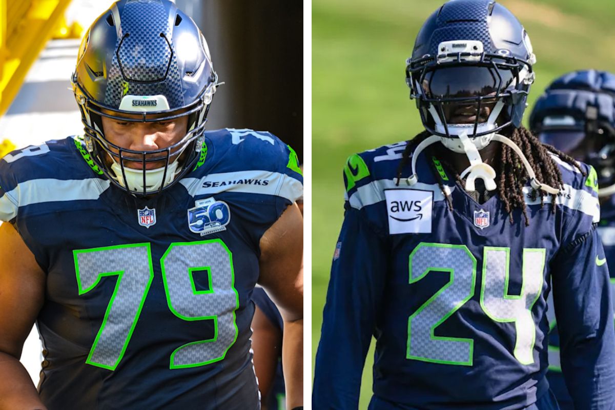 Split image of Seattle Seahawks #79 Amari Kight and #24 Shaquill Griffin