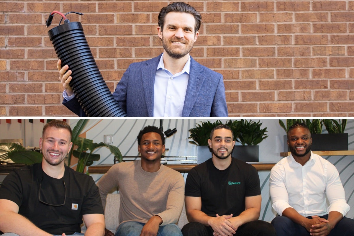 Photo collage stacked: on top, Capacitech CEO Joe Sleppy and on bottom, Soarce co-founders sitting on a couch