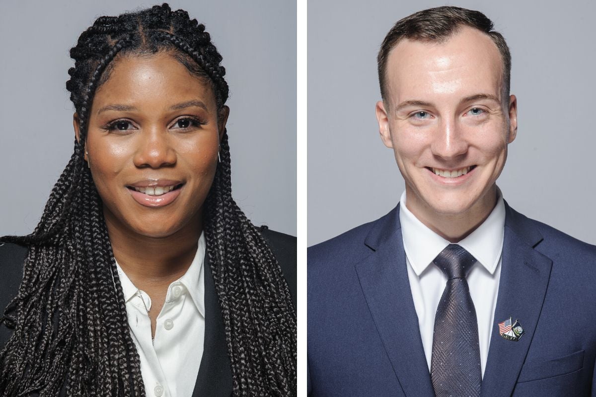 Side by side photo collage of woman with braided hair in business suit and man in blue suit and tie