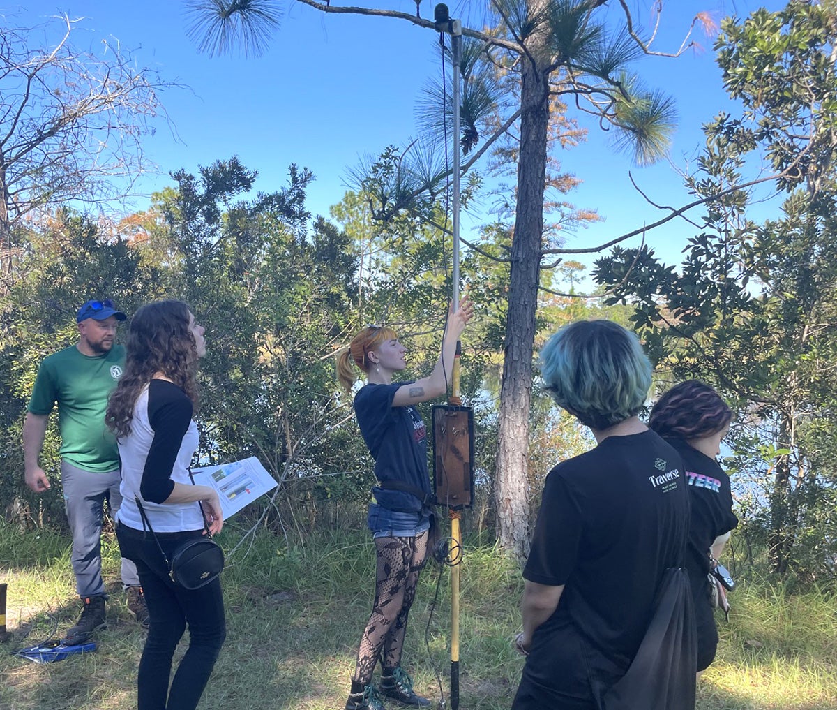 Man in green shirt and blue baseball cap observes four students positioning tall yellow pole with device on top near tree canopy.