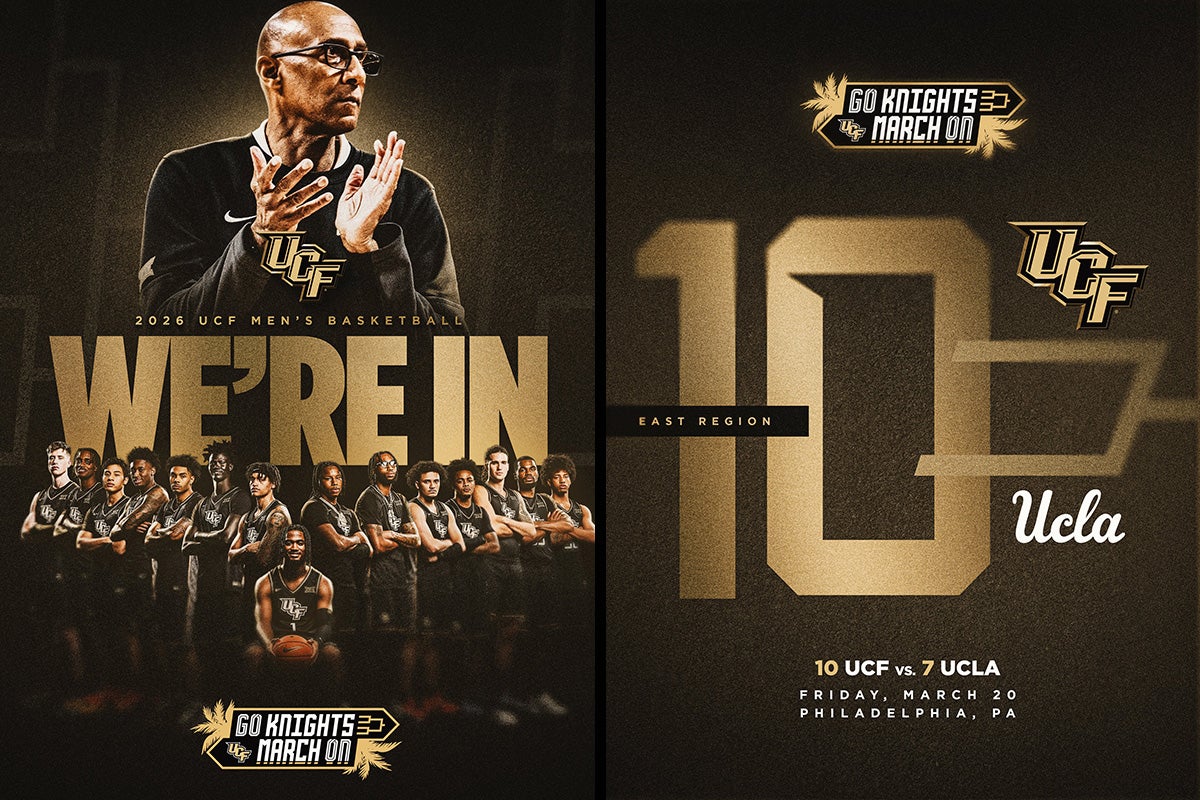 2 black and gold graphics side by side. On the left: Johnny Dawkins profile is above word that read "we're in." on the right: large #10 with UCLA next to it