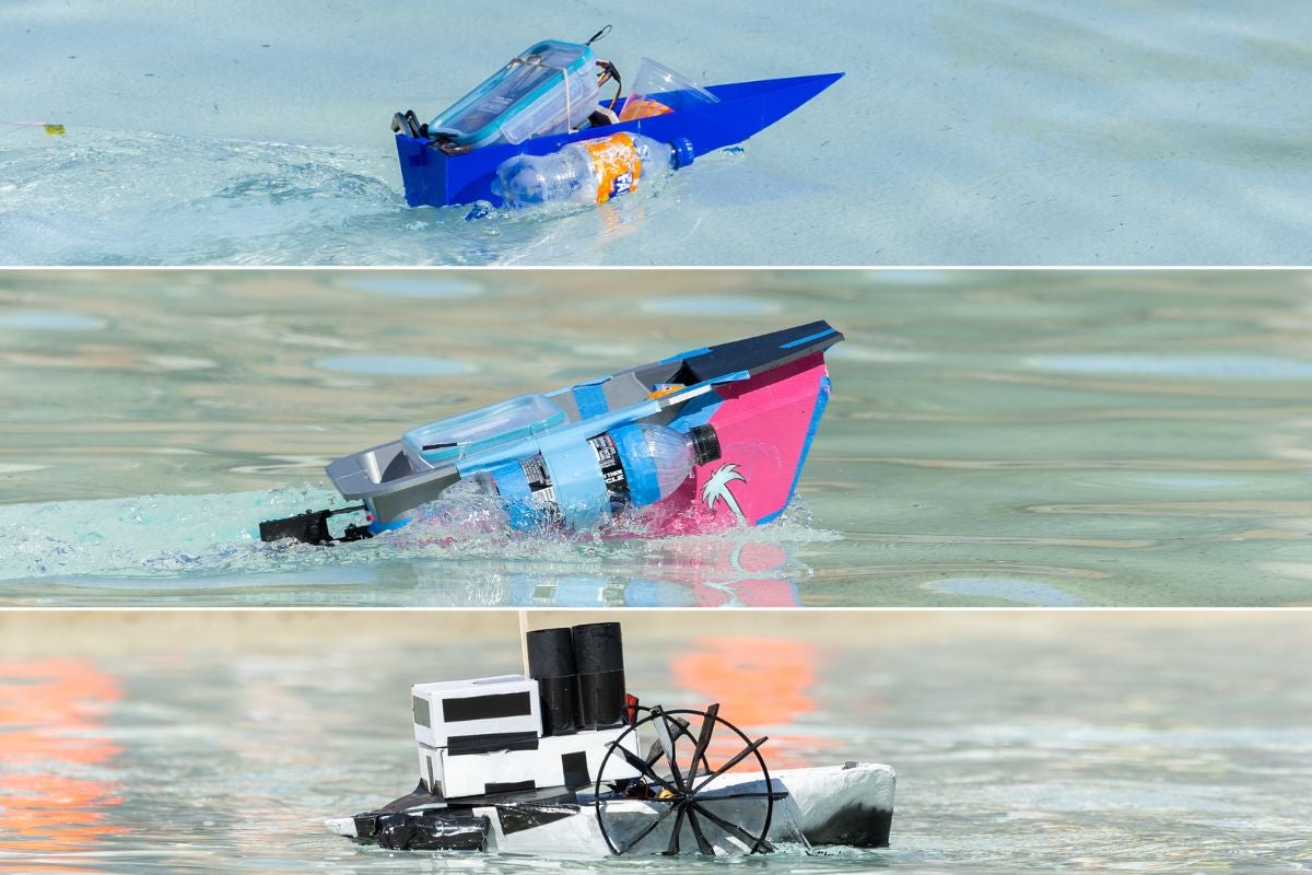A photo collage of three boat designs floating in clear water