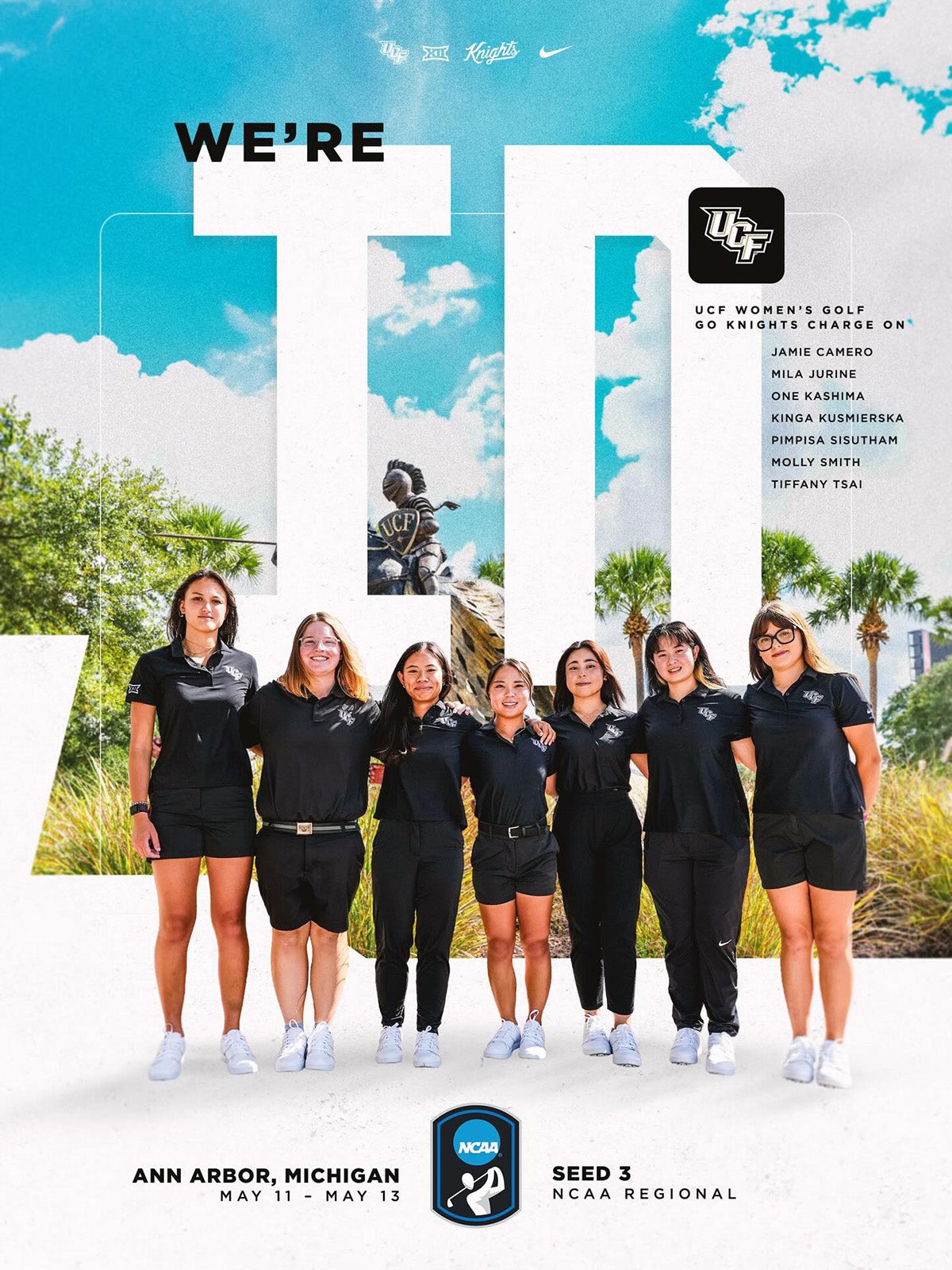 Graphic of seven members of UCF women's golf team standing beneath black and white text on blue cloudy sky that reads: We're In