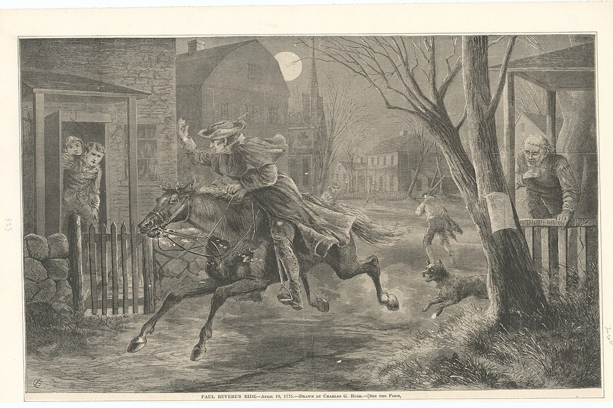black and white illustration of Paul Revere riding horseback between houses 
