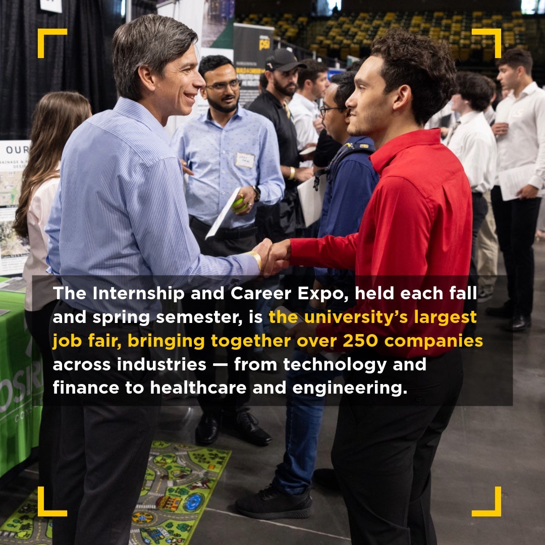 A student in a red shirt shakes hands with a recruiter at a career fair, with other students and employers in the background. Overlaid text reads: "The Internship and Career Expo, held each fall. and spring semester, is the university's largest job fair, bringing together over 250 companies across industries - from technology and finance to healthcare and engineering."