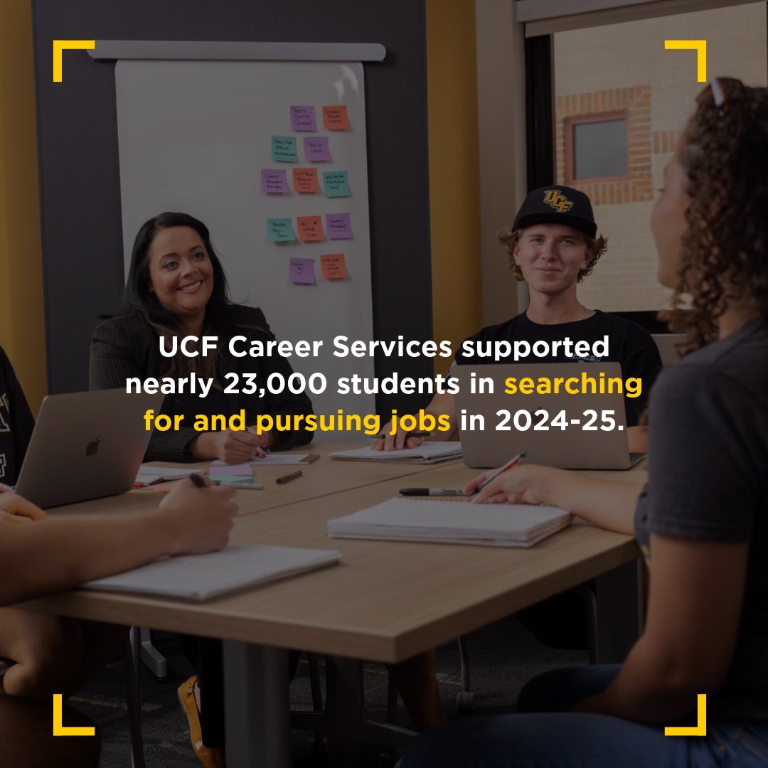 A small group of students sits around a table in a meeting with a career advisor, laptops and notes spread out. Overlaid text reads: "UCF Career Services supported nearly 23,000 students in searching for and pursuing jobs in 2024-25."