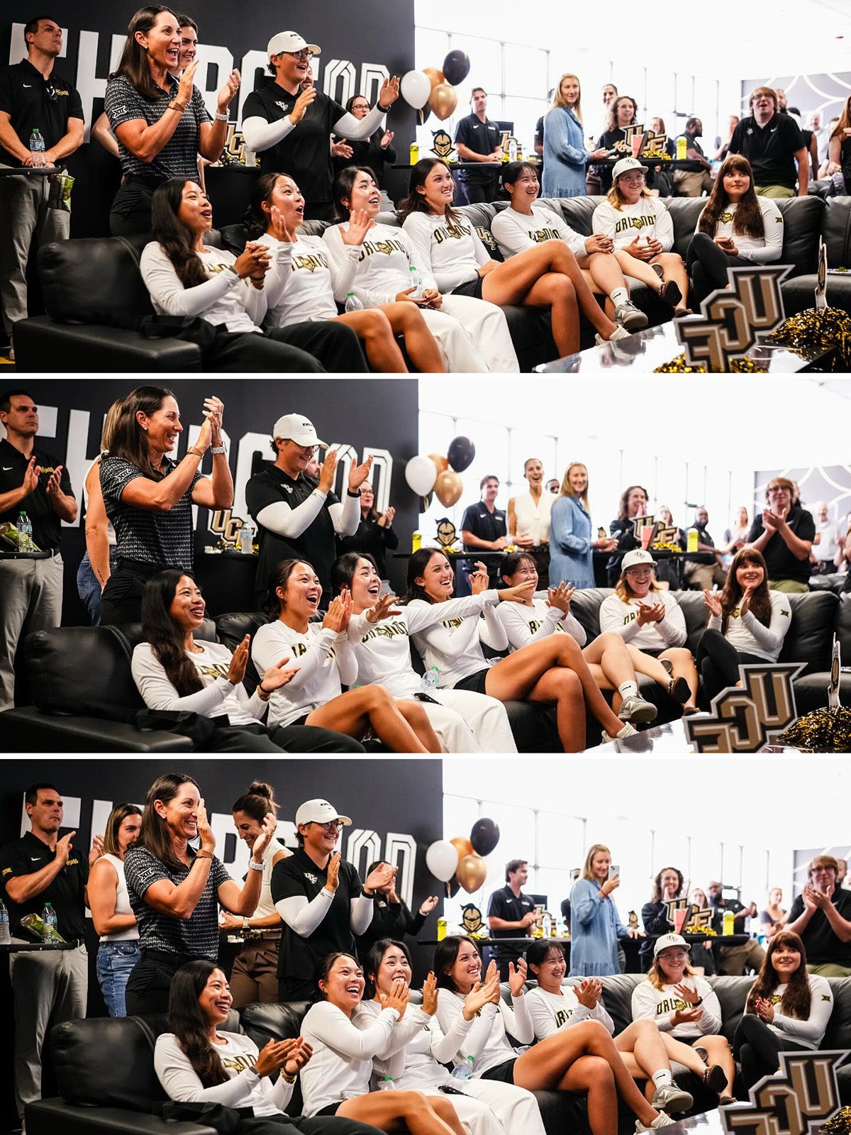 Photo collage of three stacked images of UCF women's golf team reacting happily to news they made it into the tournament.
