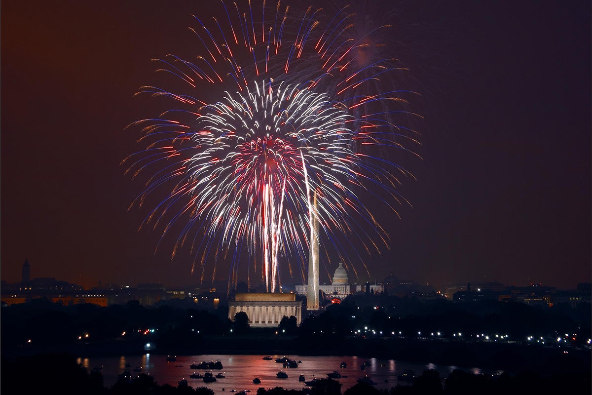 Fireworks explode at night over White House and US Capitol