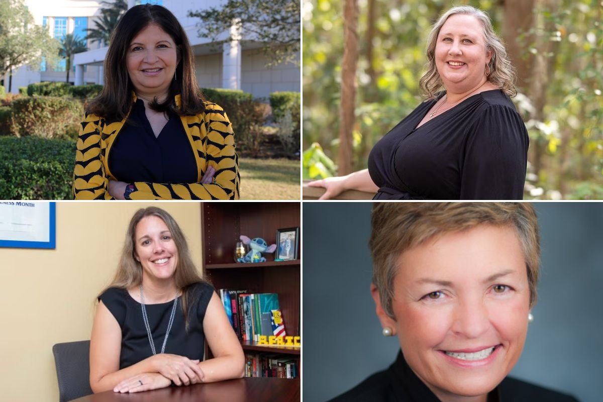 2x2 grid of Karina Villalba (top left) outside College of Medicine; Bethany Backes (top right) among trees; Alison Cares (bottom left) in office at desk; and Kim Anderson (bottom right)