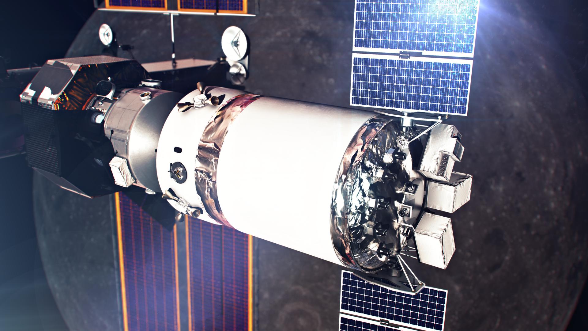 white cylinder-shaped vessel with solar panel flaps reflecting light hovers above moon