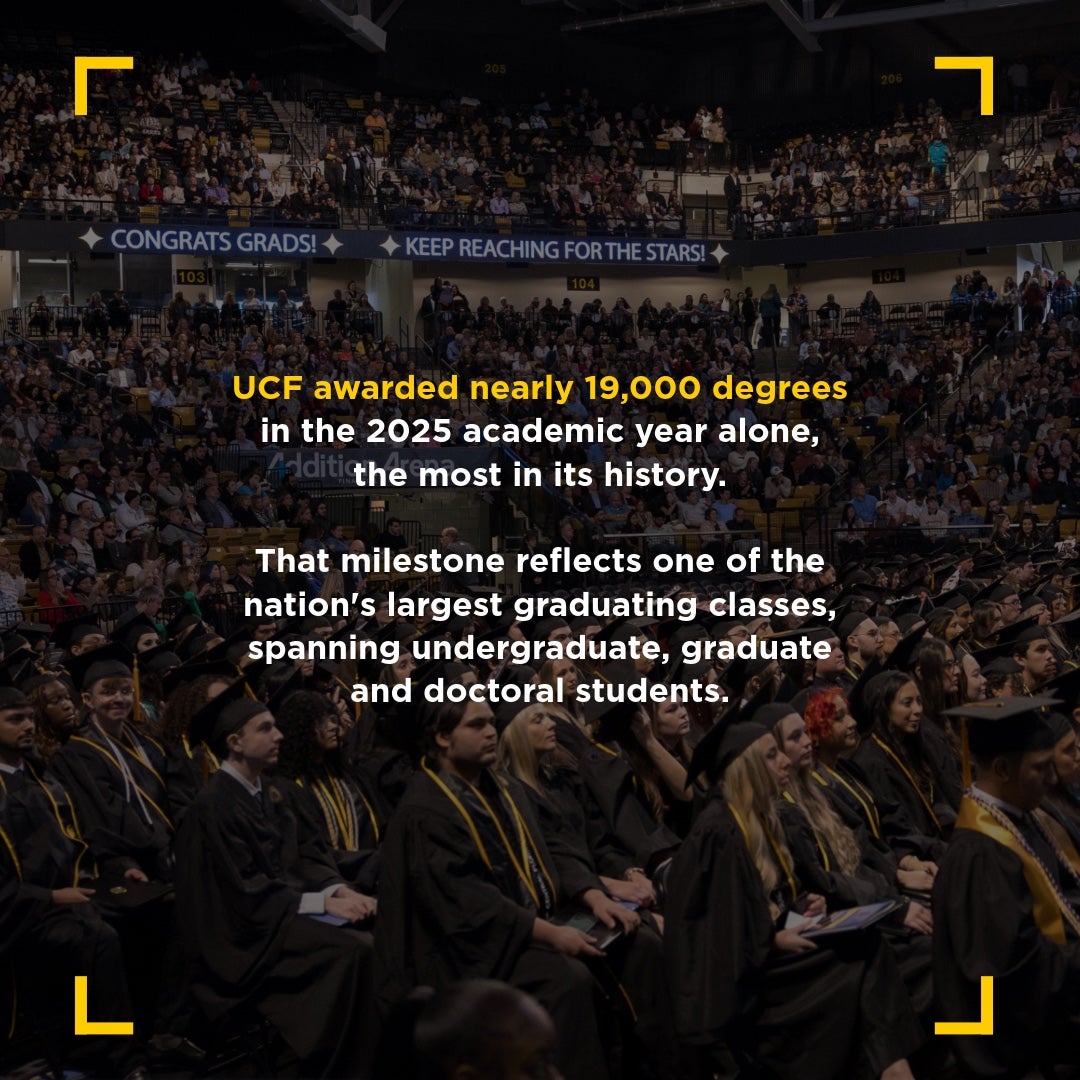 A large group of UCF graduates in caps and gowns fills Addition Financial Arena during a commencement ceremony. Overlaid text reads: "UCF awarded nearly 19,000 degrees in the 2025 academic year alone, the most in its history. That milestone reflects one of the nation's largest graduating classes, spanning undergraduate, graduate and doctoral students."