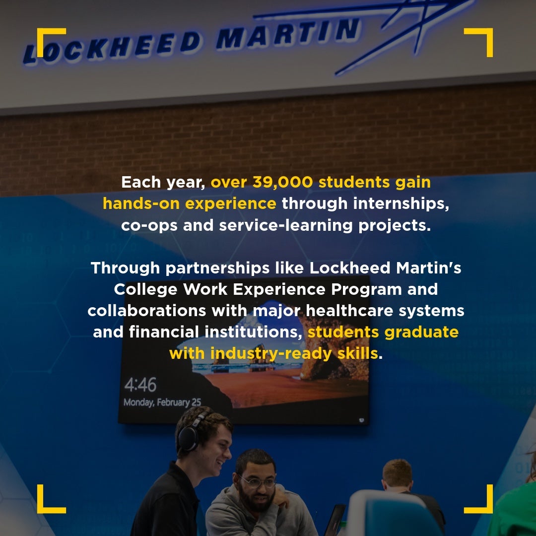 Students collaborate at computers inside a tech workspace with a Lockheed Martin sign on the wall. Overlaid text reads: "Through partnerships like Lockheed Martin's College Work Experience Program and collaborations with major healthcare systems and financial institutions, students graduate with industry-ready skills."
