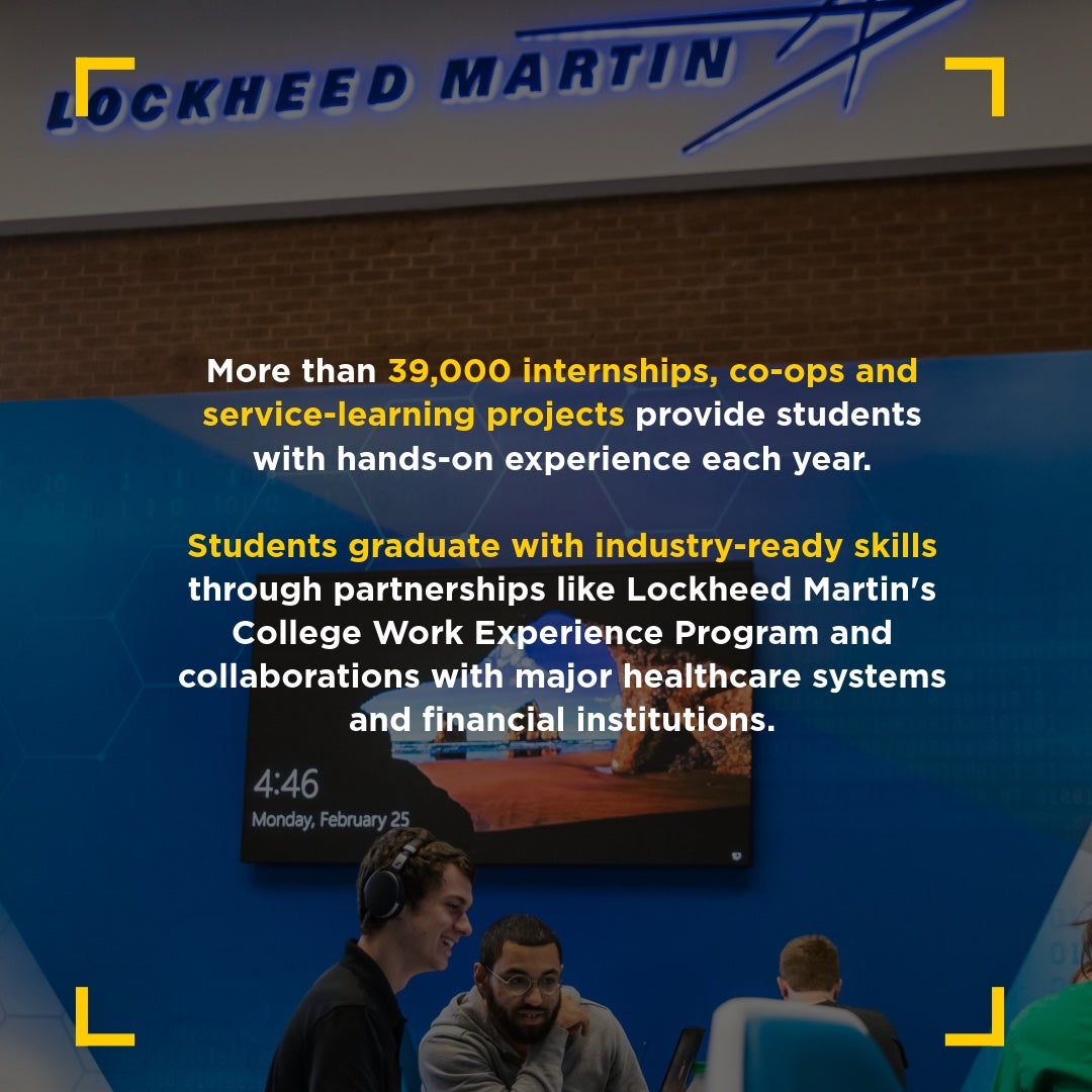 Students collaborate at computers inside a tech workspace with a Lockheed Martin sign on the wall. Overlaid text reads: "Students graduate with industry-ready skills through partnerships like Lockheed Martin's College Work Experience Program and collaborations with major healthcare systems and financial institutions."