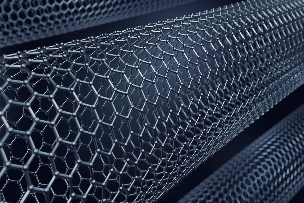 Abstract illustration of interconnected carbon nanomaterial lattice structures in blue and black tones representing advanced materials science and electrochemical engineering research.