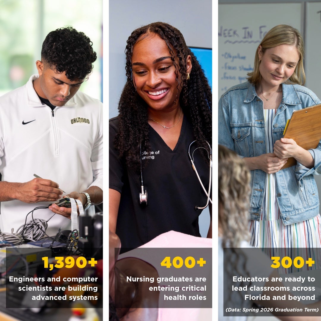 Vertical three-panel collage of students: one works with electronics, one holds a clipboard in a classroom and one nursing student smiles while wearing scrubs and a stethoscope.
