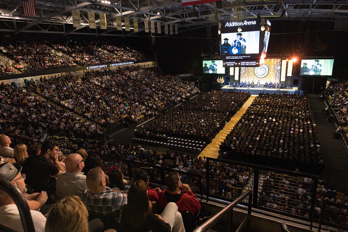 wide angle of crowded Addition Financial Arena staged for commencement ceremony 