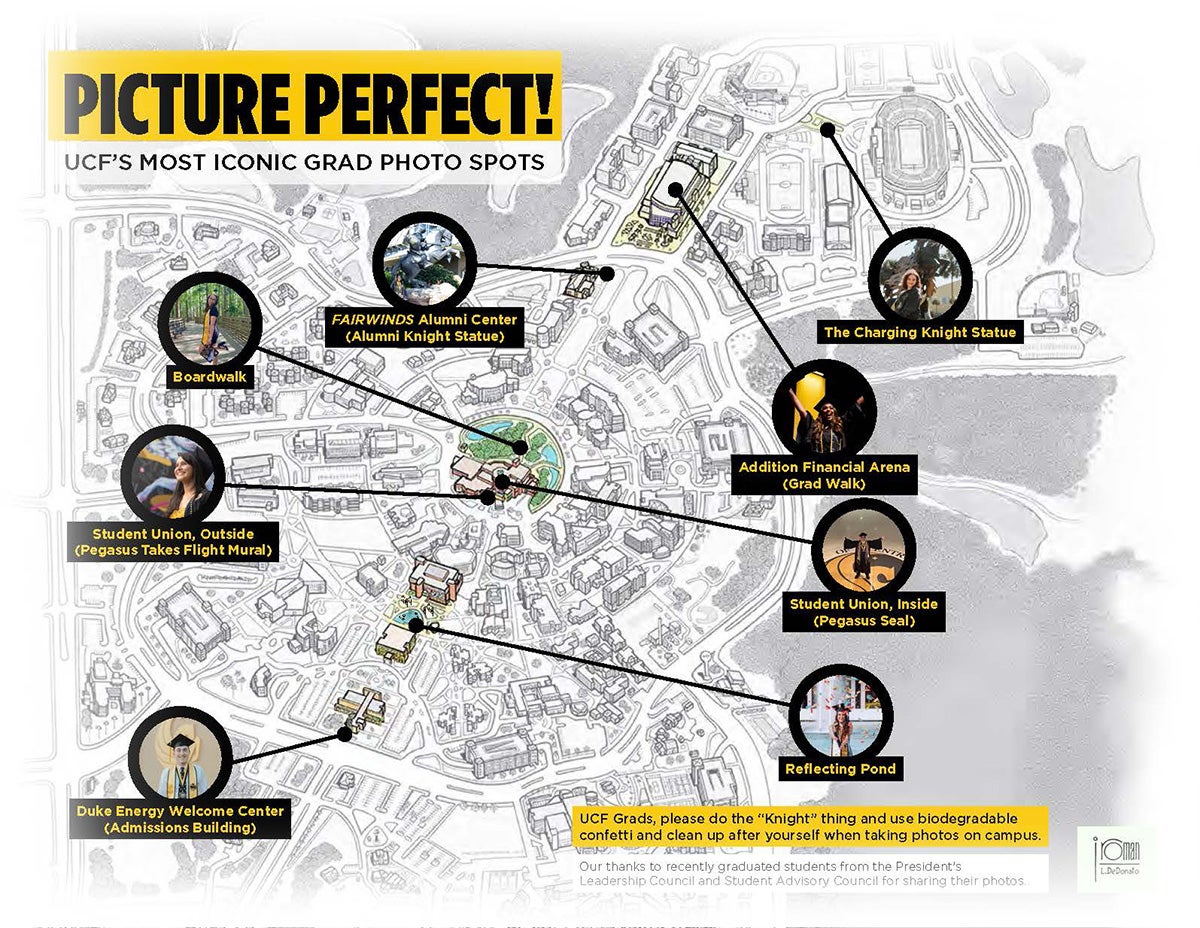 Black and white map of UCF's main campus with words overlayed that read: Picture Perfect: UCF's most iconic grad photo spots. Circle photos point to pins on the map featuring: Boardwalk, Student Union Pegasus Mural, Duke Energy Welcome Center, Reflecting Pond, Addition Financial Arena, Charging Knight Statue and inside Student Union Pegasus Seal. 