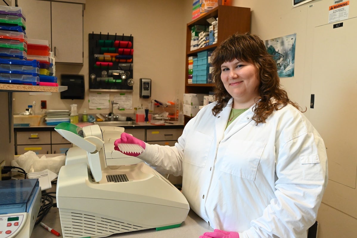 Katherine Martin, a UCF postdoctoral researcher, prepares samples for analysis in a biology laboratory.