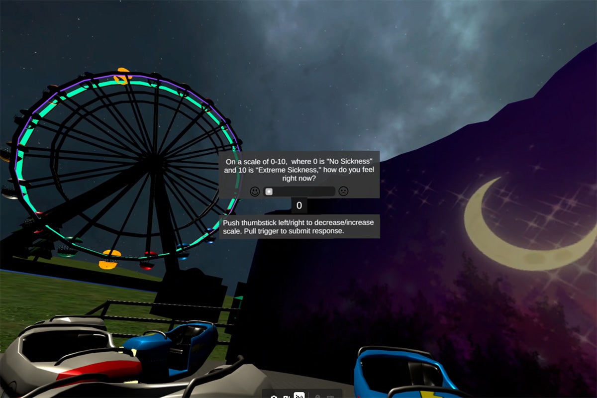 Scene of a carnival with a ferris wheel in background and white ride carts in the foreground from a VR simulation 