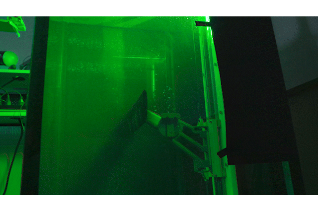 Animated GIF showing a 3D-printed wing attached to a mechanical device rising from a water tank illuminated by a green laser light.
